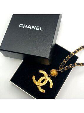 Chanel CC Logo Ball Chain Leather Necklace Gold